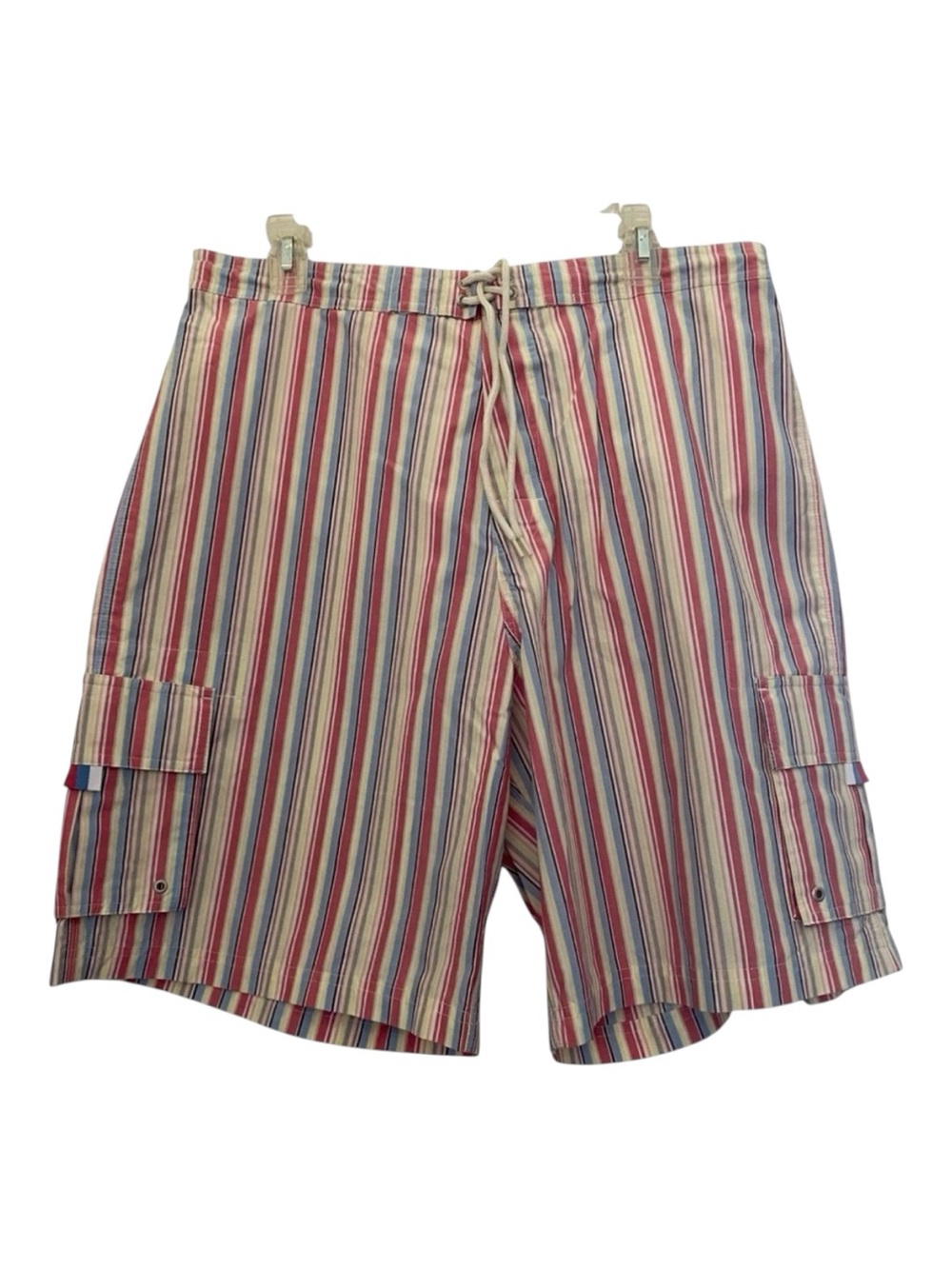 Cremieux Men’s Striped Cargo Swim Shorts XL Elastic Waist Drawstring